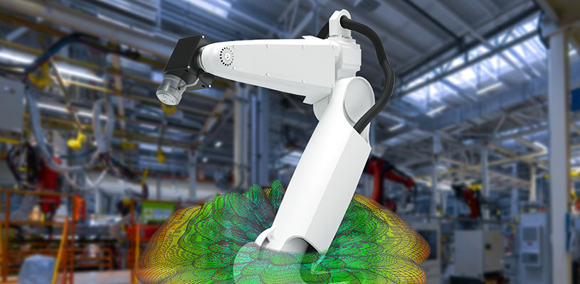 5G-Antennensimulation auf industriellem IoT-Gerät mit Industrieroboter und Netzabdeckung in der Fabrikhalle
